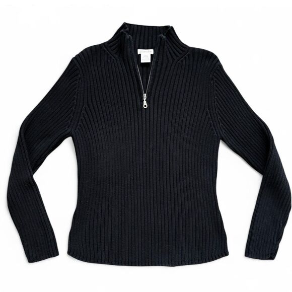 Women's St. John’s Bay 1/4-Zip Ribbed Sweater, Heavy Knit 100% Cotton Black sz L - Picture 1 of 7